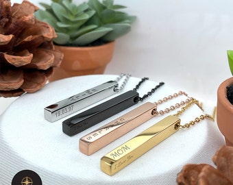 Collar con nombre personalizado, grabado personalizado, collar con barra personalizado, collar con nombre personalizado, colgante de barra 3D de acero inoxidable, regalos para mujeres y hombres
