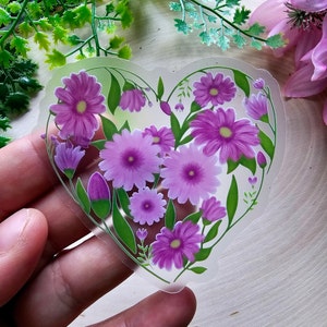 Floral Heart Sticker: Purple Flower Design, Clear Laptop Decal