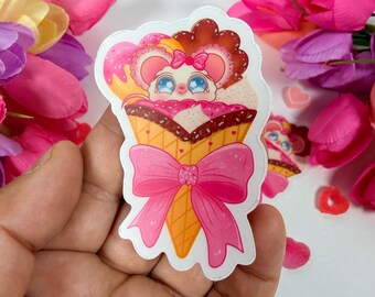 Kawaii Ice Cream Mouse Sticker | Pastel Waffle Cone Vinyl Decal (3x3 Inch)