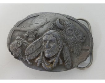 Vintage 1990 Belt Buckle Indian Buffalo Silver USA