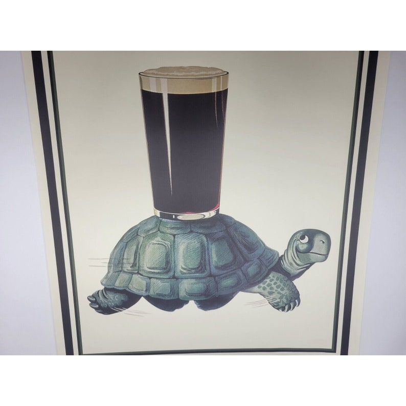 May include: A vintage illustration of a turtle carrying a glass of dark beer on its back. The turtle is green and the beer is dark brown with a white head of foam.