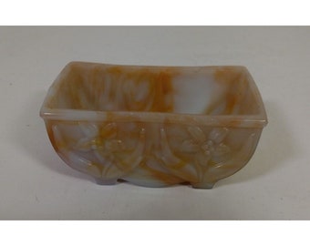 Vintage Akro Agate USA Slag Glass Daffodil Planter Dish #657 Orange & White