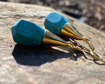 Bohemian Turquoise Stone Drop Earring, Small Minimalist Turquoise Earring, Brass Turquoise Teardrop Earring, Lightweight Turquoise Earring