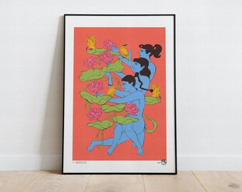 Inner Child Ah – Limited Edition Mughal-Inspired Surreal Giclée Print | Blue Woman with Lotuses & Birds | Symbolic Art