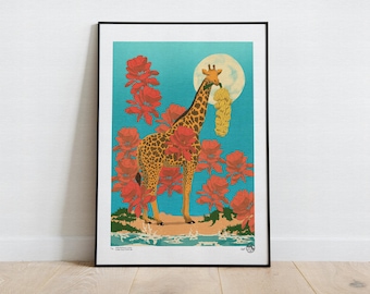 Midnight Snacking – Limited Edition Surreal Giclée Print | Giraffe Eating Bananas Illustration