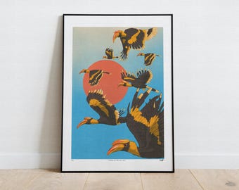 Tomorrow We Work From Home – Limited Edition Hornbill Sunset Art Print | Surreal Bird Illustration | Tropical Wildlife Wall Art