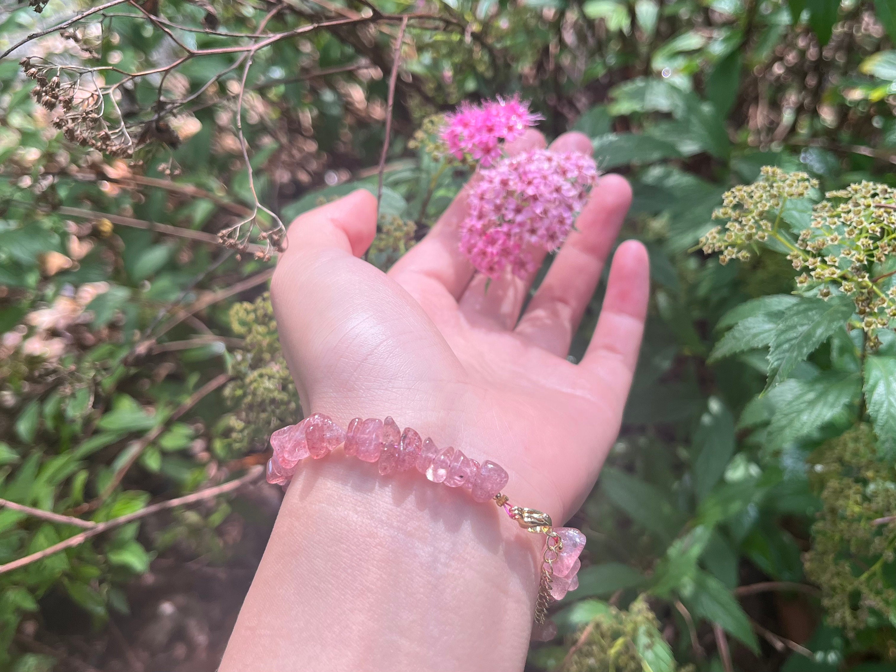Strawberry Quartz Crystal Bracelet • Pink Red Bracelets for