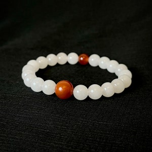 White Jade Red Agate Gemstone • Beaded Bracelet • 8mm Genuine Beads • Jade Healing Bracelet • Balance • Bracelet for Women • Gift for Her