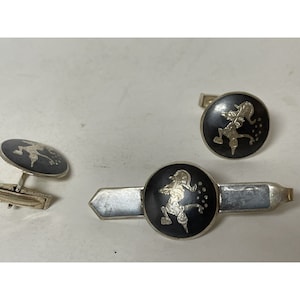 Vintage Siam Sterling Silver Kwang An Cuff Links And Tie Clip.