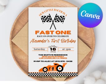 Racing Car First Birthday Invitation: Orange Open Wheel, Editable Canva (Digital Invite)
