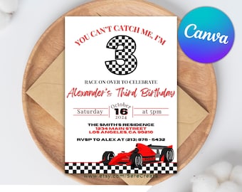 Race Car Third Birthday Invitation: Red Open Wheel Design (Canva Editable, Digital Download)