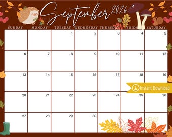 September 2026 Calendar: Brown Harvest Leaves, Editable Printable (PDF, PNG, JPG)