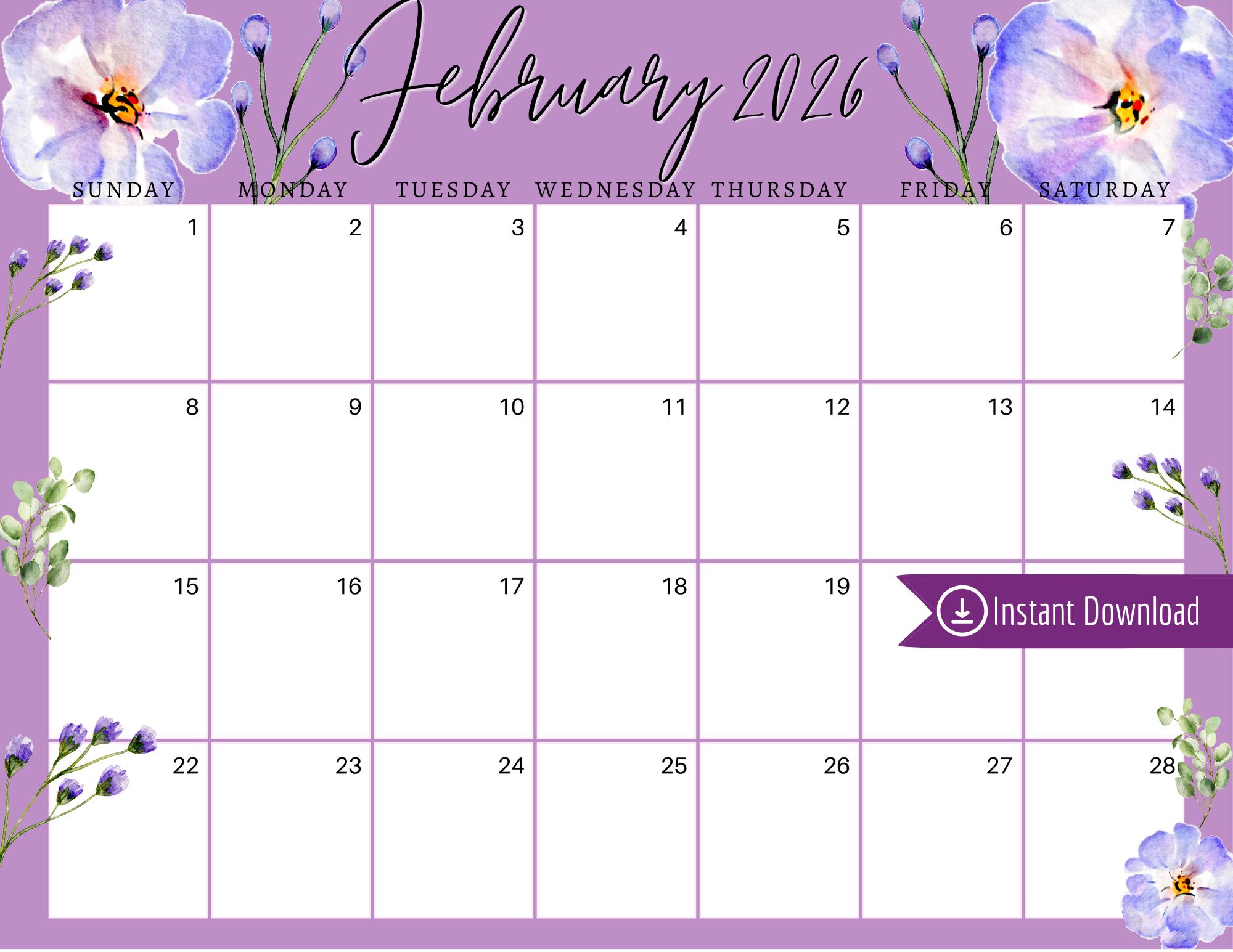 February 2026 Floral Calendar: Editable, Fillable Planner (PDF, PNG
