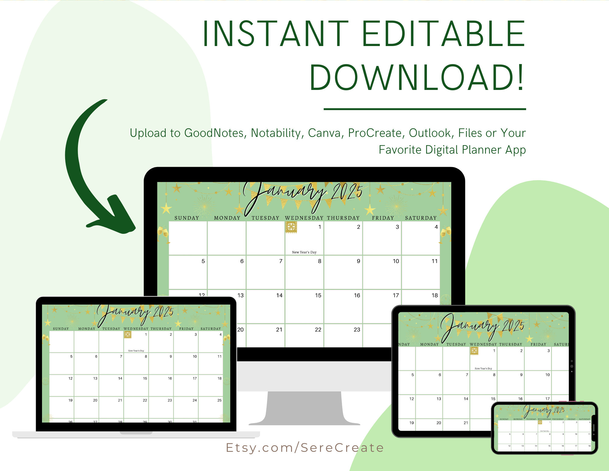 January 2025 Digital Calendar Green New Yearplanner Editable Fillable