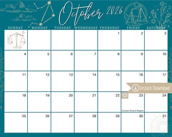 October 2026 Digital Calendar: Teal Libra Astrology Planner (PDF, PNG, JPG)