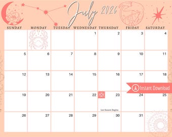 July 2026 Digital Calendar: Peach Cancer Astrology Planner (PDF, PNG, JPG Download)