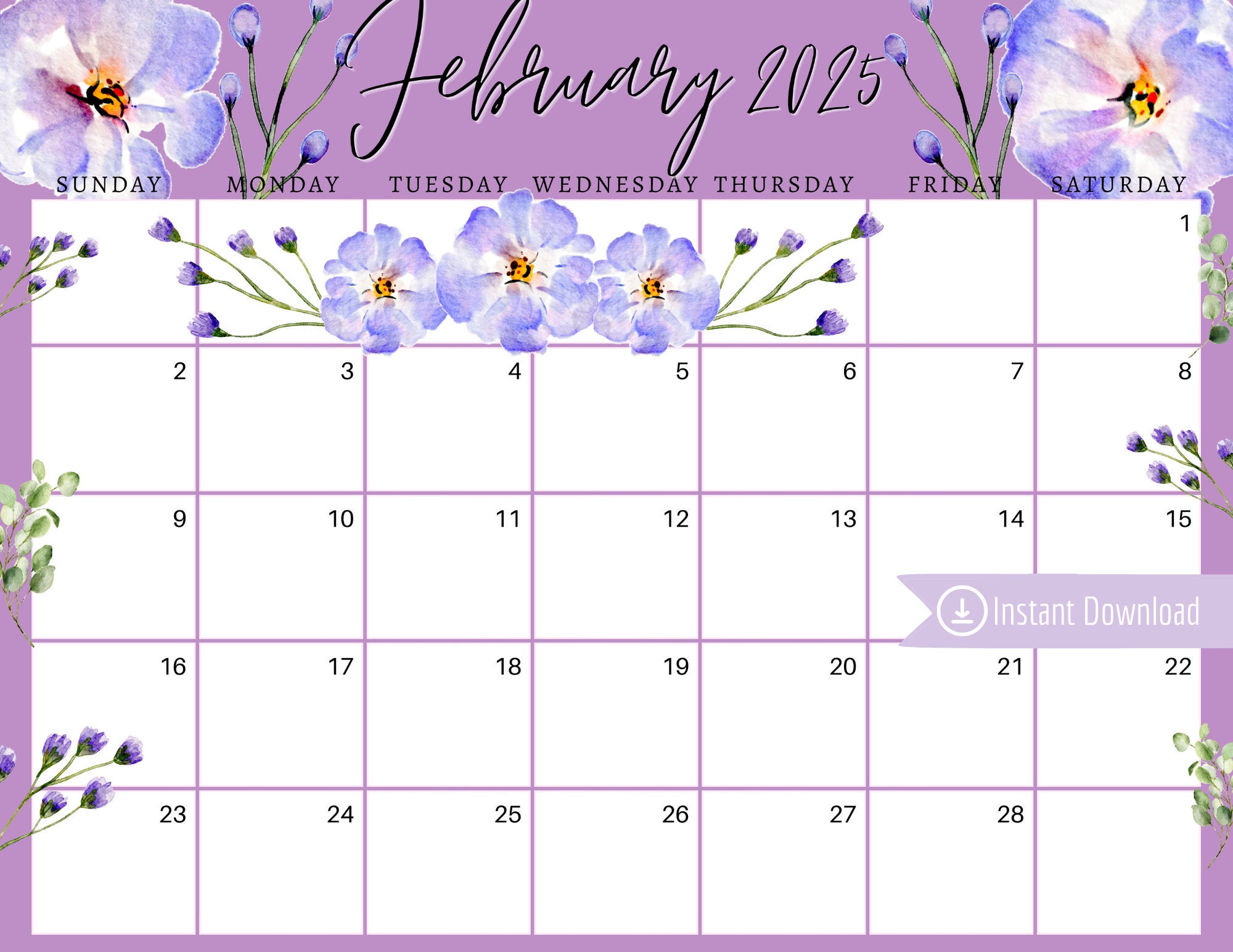 February 2025 Digital Calendar Violets Flowers Planner Editable