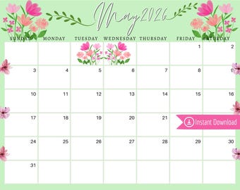May 2025 Floral Calendar: Green & Pink Flowers, Printable Planner (PDF, PNG, JPG)