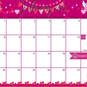Calendario de San Valentín de febrero de 2026: Planificador imprimible y editable (PDF, PNG, JPG)