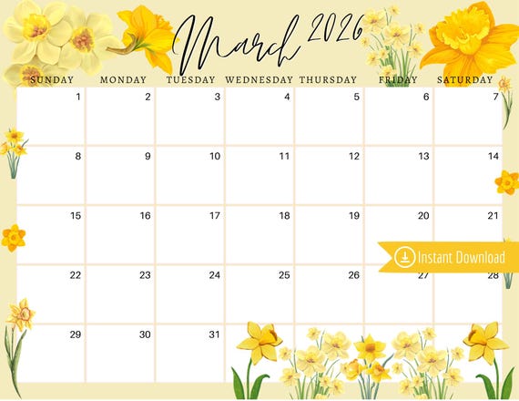 March 2026 Digital Calendar - Yellow Daffodils Planner