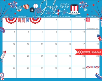 July 2026 Digital Calendar: Blue 4th of July Planner (PDF, PNG, JPG Download)