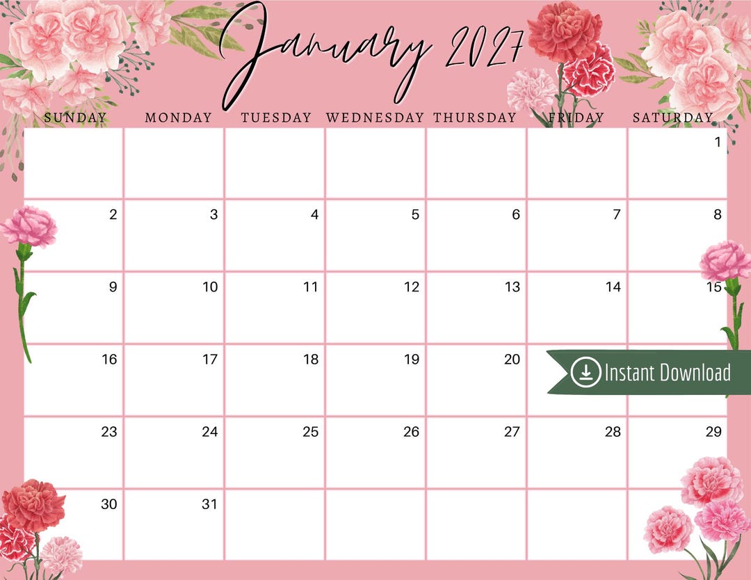 January 2027 Calendar: Pink Carnations, Editable Printable (PDF, PNG, JPG)  - Etsy