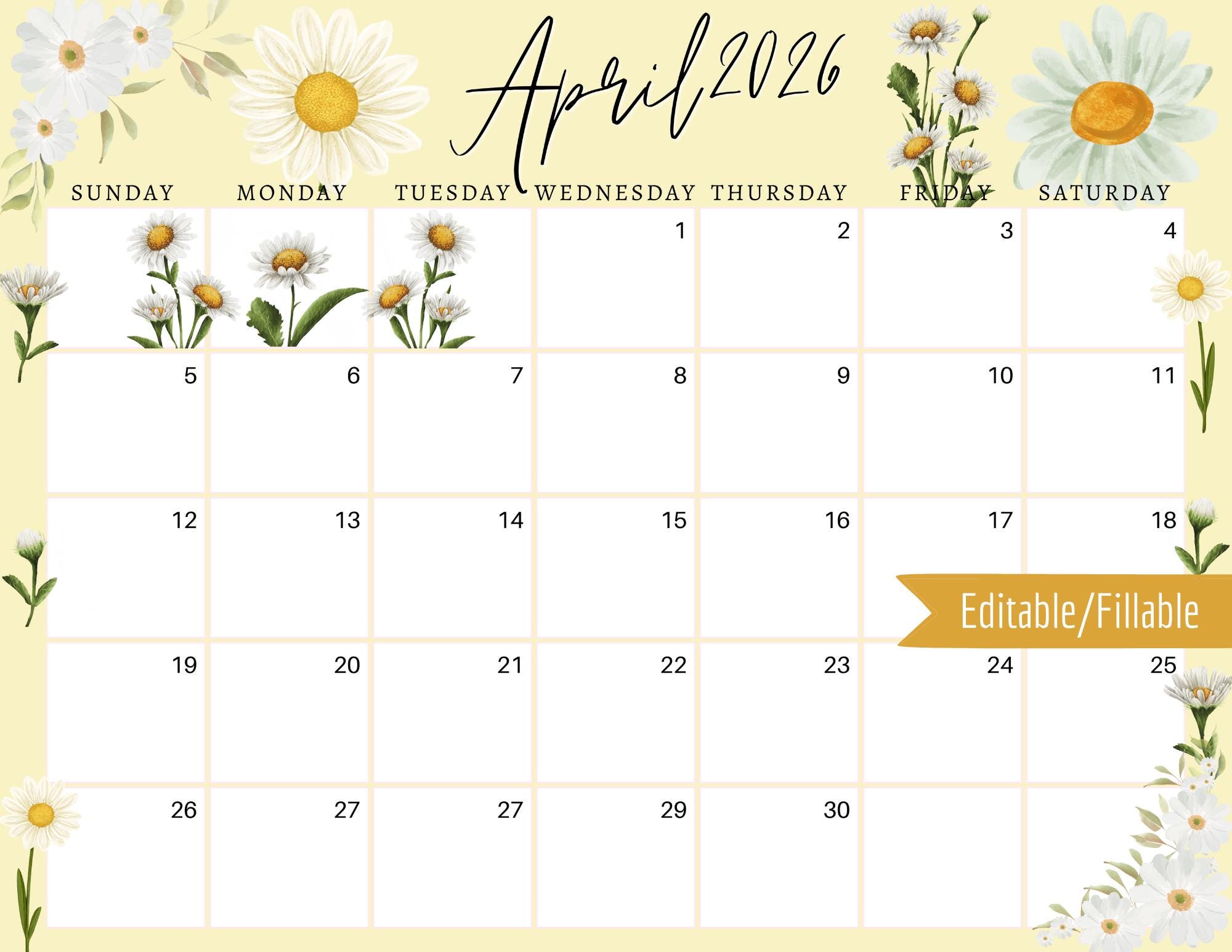 April 2026 Daisy Calendar: Yellow & White, Printable (PDF, PNG