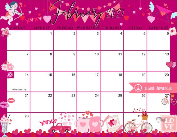 February 2027 Valentine's Day Calendar: Editable Printable Planner (PDF,  PNG, JPG) - Etsy