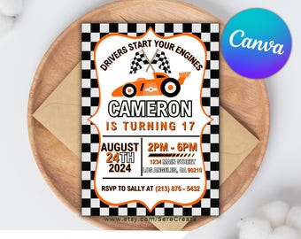 Orange Racing Car Birthday Invitation: Editable Canva Template (Digital Invite)