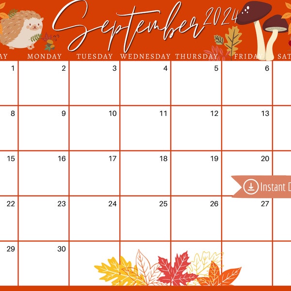 September 2024 Digital Calendar - Orange Harvest Leaves Planner Editable Fillable Printable Calendar For Planning -PDF, PNG and JPG Download