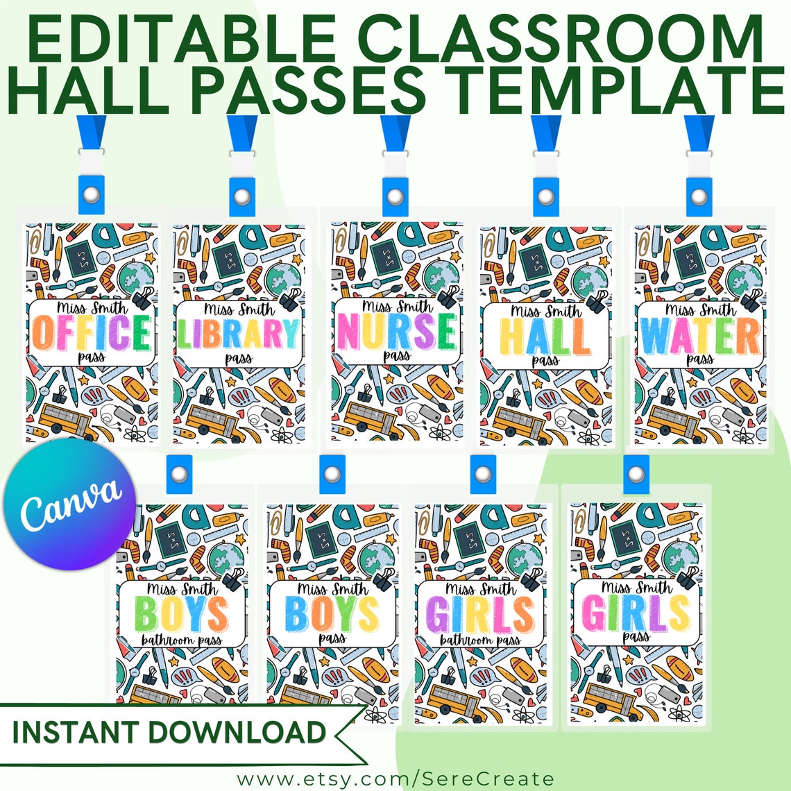 Editable Classroom Hall Passes Lanyard Template (canva Digital Download ...