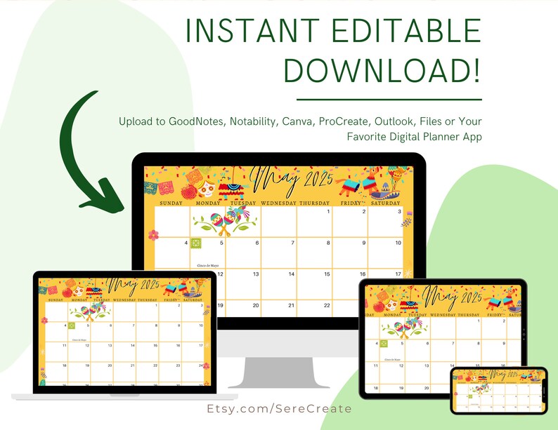 May 2025 Digital Calendar Yellow Cinco De Mayo Fiesta Planner Editable