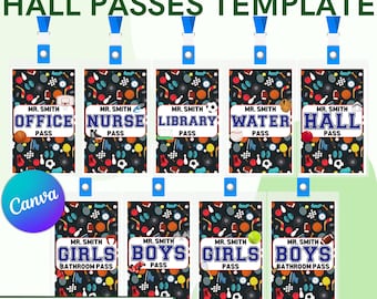 Sports Theme Hall Passes: Editable Classroom Lanyard Template (Canva Download)