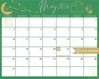 May 2025 Taurus Astro Calendar: Green and Gold Printable Planner (PDF, PNG, JPG)
