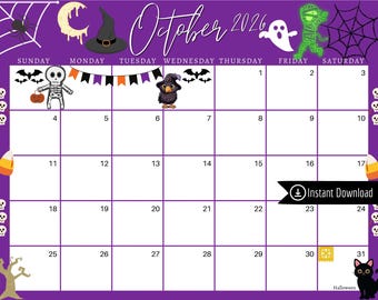 October 2026 Halloween Calendar: Purple Printable Planner (PDF, PNG, JPG)