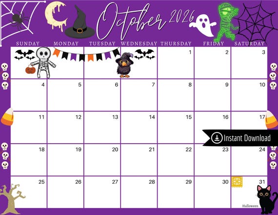 October 2026 Halloween Calendar: Purple Printable Planner ...