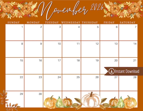 November 2026 Calendar: Orange Fallen Leaves Planner (PDF ...