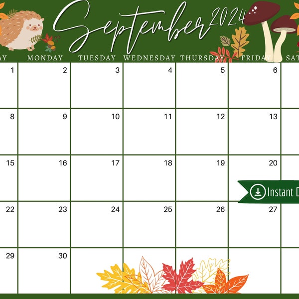 September 2024 Digital Calendar - Green Harvest Leaves Planner Editable Fillable Printable Calendar For Planning - PDF, PNG and JPG Download