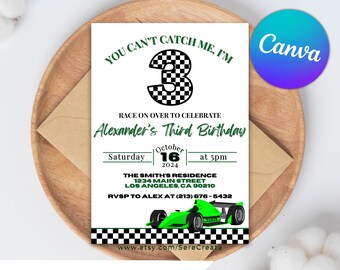 Race Car Third Birthday Invitation: Green Racing Party (DIY Canva Download)