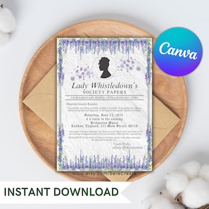 Bridgerton Lady Whistledown Society Papers Invitation - Instant, Editable, Download Canva - DIY Birthday Invitation - Digital Invite