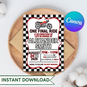 May include: A motorcycle-themed invitation card with the text "ONE FINAL RIDE" and details for Alexander Smith's celebration of life. The design includes a red and black checkered border, a motorcycle graphic, and event information.