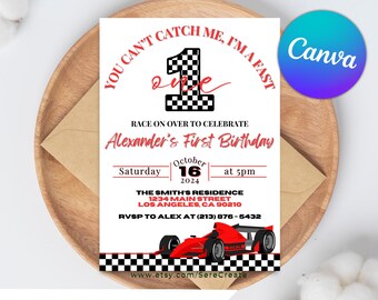 Racing Car First Birthday Invitation: Editable Canva Template (Digital Download)