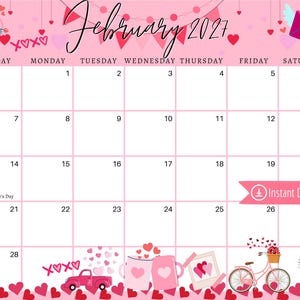 Februar 2027 Digitaler Kalender: Rosa Valentinstags-Planer (PDF, PNG, JPG)