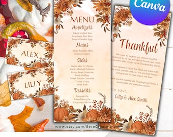 Puede incluir: Menú de cena de Acción de Gracias imprimible y tarjetas de lugar con un tema otoñal. El menú presenta un diseño floral con calabazas y bayas en tonos naranja, marrón y amarillo. Las tarjetas de lugar tienen los nombres "Alex" y "Lilly". El texto del menú incluye "Menú", "Aperitivos", "Platos principales", "Guarniciones", "Postres" y "Agradecido".
