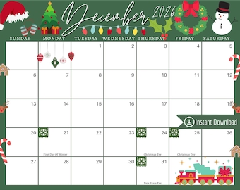 December 2026 Christmas Calendar: Green Holiday Planner (PDF, PNG, JPG)