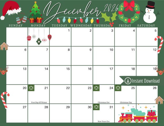 December 2026 Christmas Calendar With Festive Events 4 December 2026 Christmas Calendar: Green Holiday Planner (PDF ...