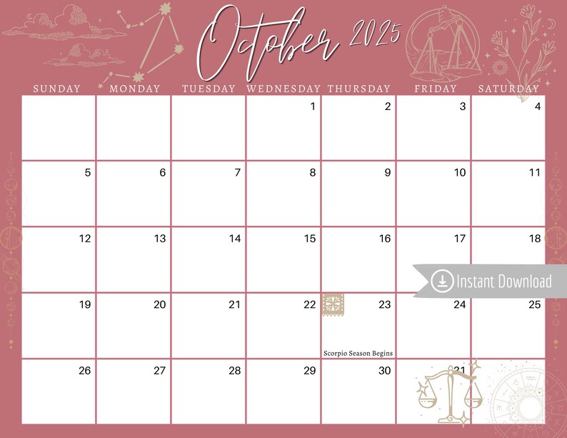 October 2025 Digital Calendar Mauve Libra Astrology Planner Editable