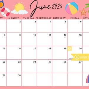 June 2025 Digital Calendar - Pink Summer Planner Editable Fillable ...