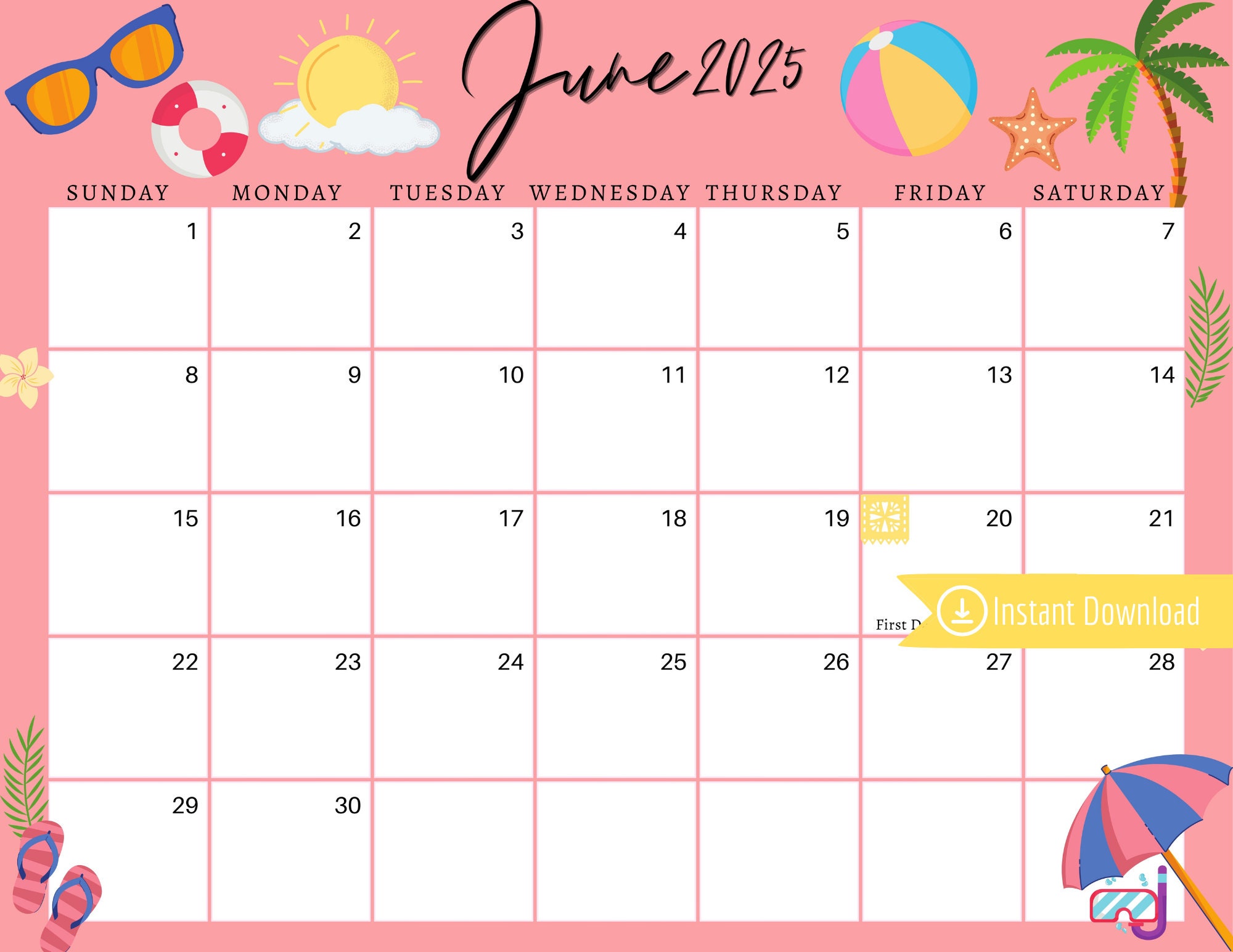 June 2025 Digital Calendar - Pink Summer Planner Editable Fillable ...