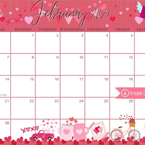 Valentijnsdagkalender februari 2027: bewerkbaar afdrukbaar (pdf, png, jpg)